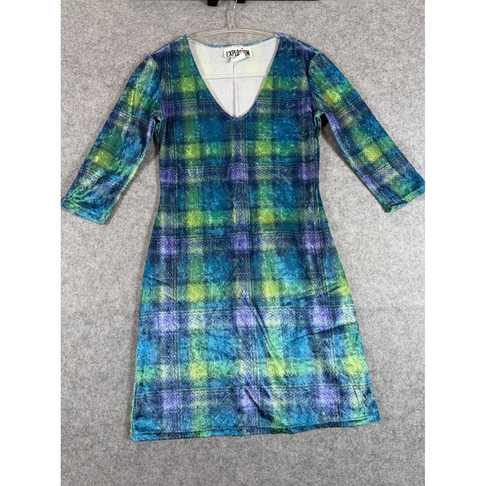 Explosion Plaid Velvet Mini Dress Womens Small Blue Green Vintage V-Neck
